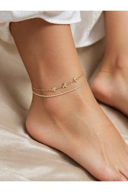Elegant Bow Detailed Double Row Gold Anklet