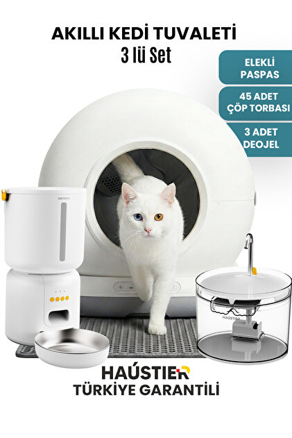 Haustier CB001 Gri Kedi Tuvaleti FW3 Mama Kabı ve Su Pınarı 3 lü