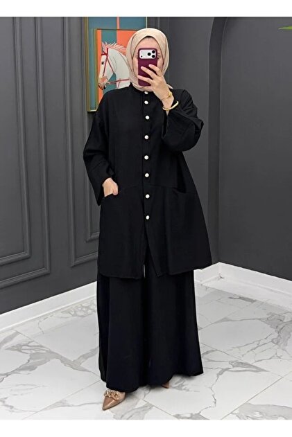 Trendy Buttoned Detailed Double Pocket Comfortable Fit Hijab Two-Piece Set