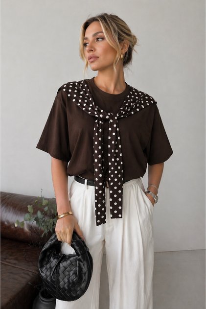 Coffee-Colored Combed Cotton T-Shirt with Polka Dot Shawl Detail