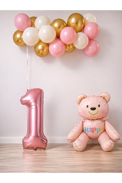1 Year Old Pink Teddy Bear Themed Birthday Balloon Set for Girl