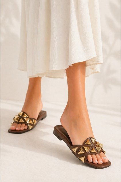 Women's Brown Pyramid Stone Detail Comfort Slippers
