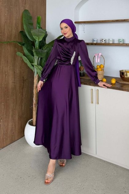 Stoned Satin Evening Dress Purple