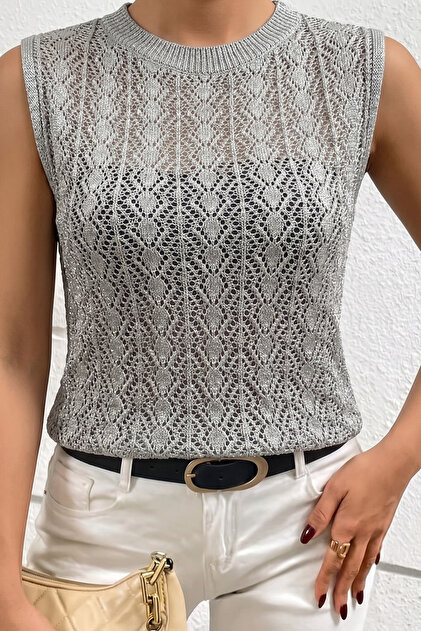 Women's Summer Openwork Patterned Zero Sleeve Gray Blouse