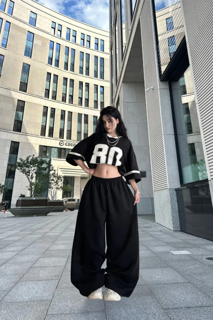 Oversize Harajuku Büyük Beden Bol Kalıp Ayarlanabilir Paça Süper Yüksek Bel Baseni Geniş Beli Sıkı Lastikli Eşofman Altı