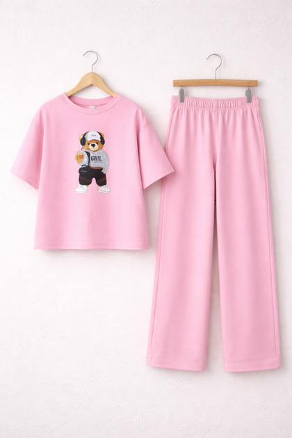 Unisex Children's Printed Teddy Bear T-Shirt and Pants Set Summer Casual Combination