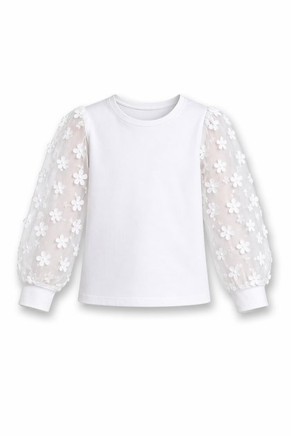 Girl's White Floral Patterned Tulle Sleeve Bodysuit - School Event and Festival 3-14 Years Old