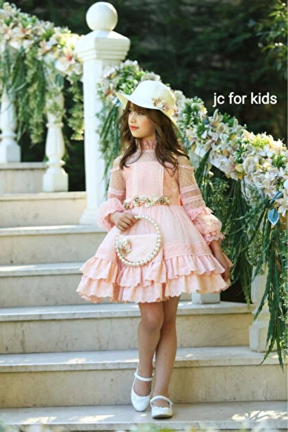 فستان أطفال دانتيل وردي بياقة عالية وأكمام منفوخة مع قبعة وحقيبة Violet Flower Boutique