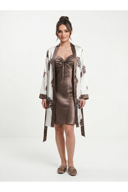 Women's Silky Satin Nightgown and Floral Patterned Dressing Gown Kimono Set – Brown