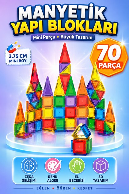 Eğitici Manyetik Yapı Blokları 70 Parça 3,75 cm – STEAM Zeka Geliştirici, Güçlü Mıknatıslı, Çocuk Gelişim Oyuncak Seti
