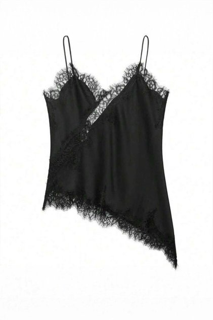 Black Asymmetrical Cut Vintage Lace Detailed Y2K Strap Crop