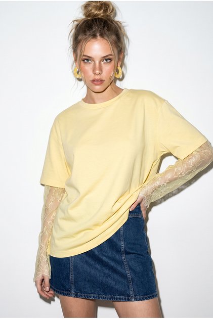 Women's Yellow Crew Neck Lace Sleeve Oversize Cotton T-Shirt 1049 60286075