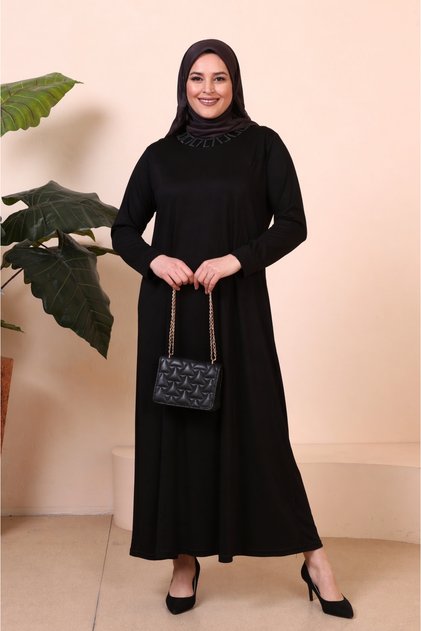 Rochie elegantă și confortabilă, mărime mare, cu detalii în formă de piatră, guler cu detalii în formă de piatră, rochie maxi cu mâneci lungi