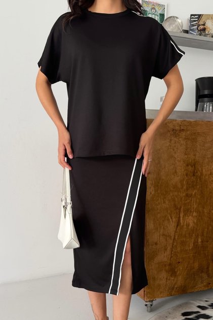 Women's Cross Stripe and Slit Detailed Midi Skirt and Top Modal Set