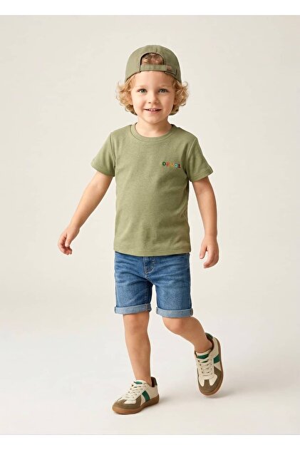 Organic Embroidered Khaki Summer Little Boy Tshirt