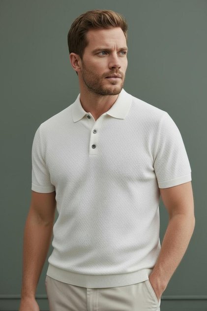 Interview Polo Collar Rayon Textured Thin Knitwear Ecru T-Shirt