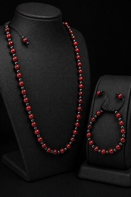 Men's Necklace Bracelet Set - Red Bead Necklace Bracelet Set for Men