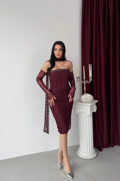 Burgundy Stone Embroidered Lace Midi Evening Dress with Scarf and Gloves