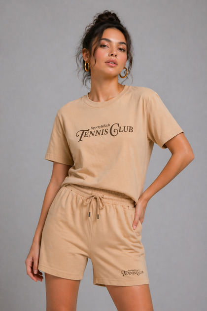 Women's Beige Cotton Sporty Short Sleeve Oversize T-Shirt and Shorts Bottom Top Set Two Piece Set