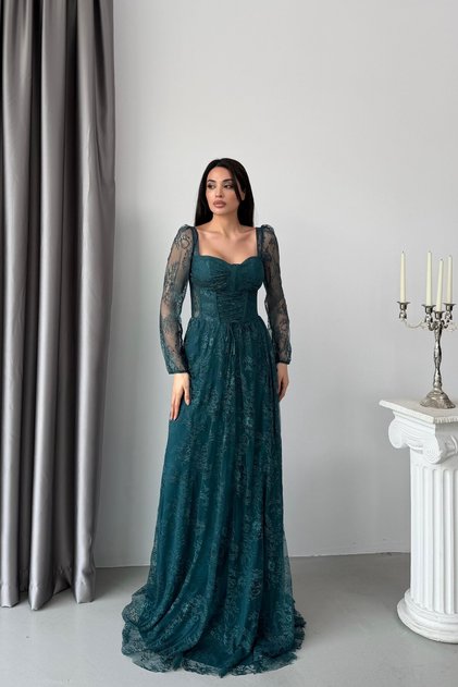 Emerald Heart Collar Corset Detailed Front Tie Lace Evening Dress