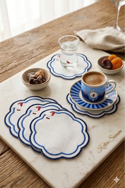 6 Pieces Love Birds Linen Fabric Blue Embroidered Coffee Side Cocktail Presentation Napkin