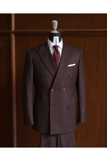 Bordo Çizgili Kruvaze Takım Elbise