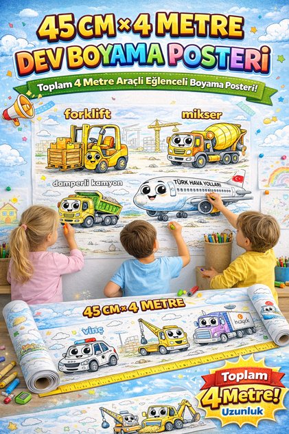 🧸🎨 Sevimli Araçlar Boyama Rulosu | 4 Metre Uzunluk • 45 cm Genişlik | Dev Boyama Kağıdı | Çocuklar Için Aktivite Rulosu