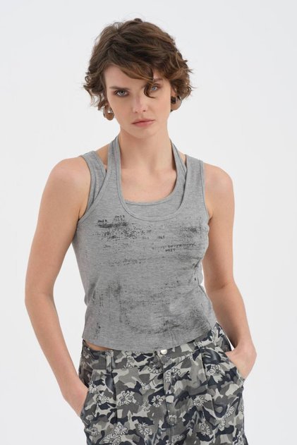 Women's Printed Detailed Double-Piece Look Design Blouse Undershirt
