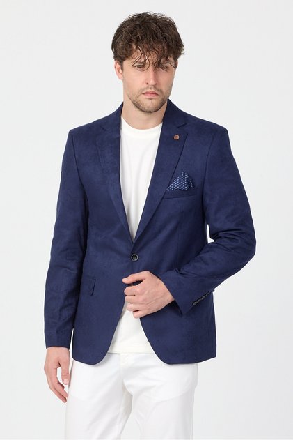 Adelfo Men's Dark Navy Blue Suede Slim Fit Mono Collar Sports Blazer Jacket
