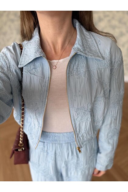 Embroidery Detailed Zippered Jacket and Pants Set
