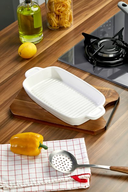 Çok Amaçlı Kulplu Fırın Kabı Oluklu Taban Dikdörtgen Sunum Tabağı ve Graten Kabı Kulplu, Izgara Tabanlı Fırın Kabı 32x15x3 cm