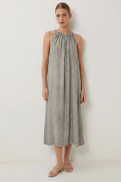 Washable Long Viscose Dress with Straps Lfg0186 Gray