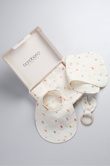 100% Cotton Muslin Blanket & Shoulder Cover & Teether & Bib Set (Leaf)