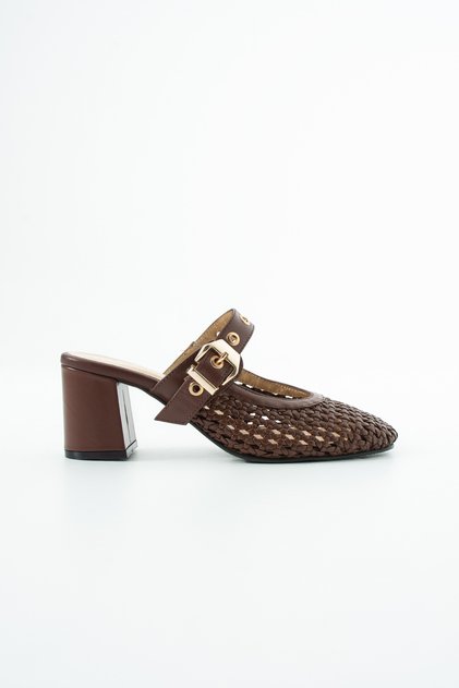 Aveline Genuine Leather Women's Brown Braided Thick Heeled Slippers
