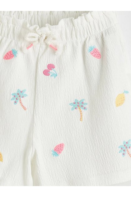 White Embroidered Girls' Shorts with Elastic Waistband