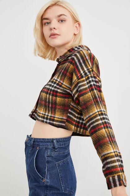 Women's Plaid Patterned Crop Lumberjack Shirt Mustard