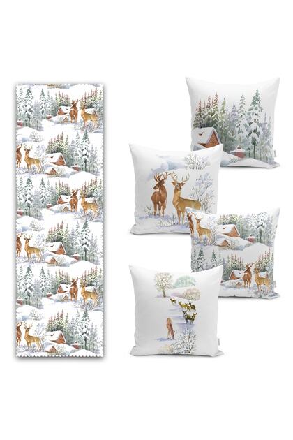 Winter Themed Deer Detailed Tie House Concept 4 Throw Pillow 1 Runner Set