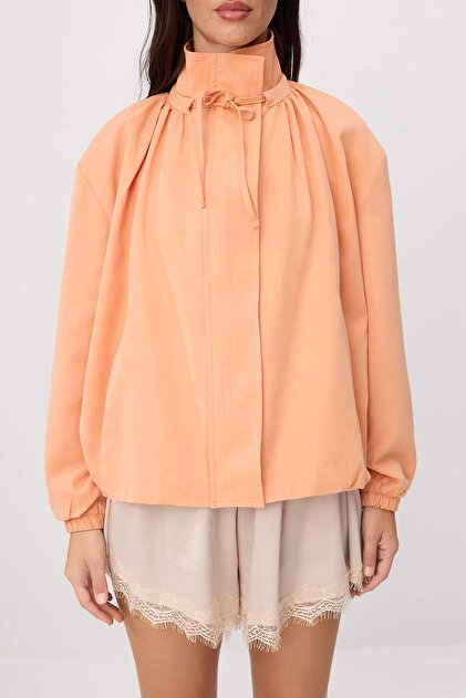 Trendyolmilla Turuncu Oversize Dik Yakalı Keten Liyosel Mevsimlik