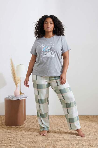 Gray Printed Checkered Knitted Pajamas Set TBBAW24AI00020