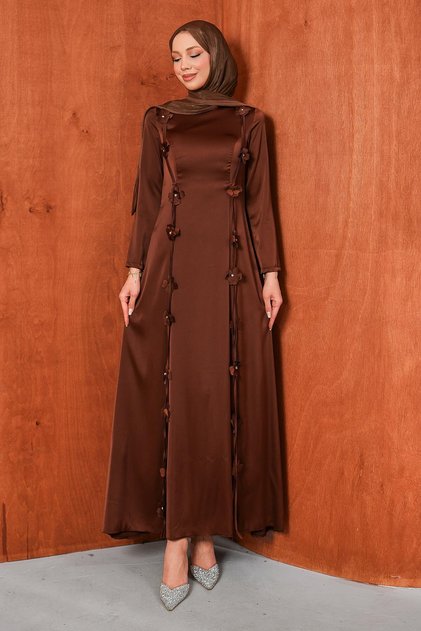 Brown Floral Detailed Satin Evening Dress