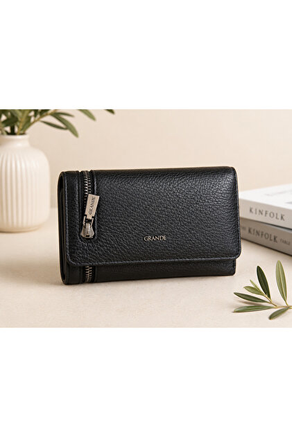 Genuine Leather Women's Wallet – Zippered, Flap-Closed, Multi-Compartment, Stylish Black Wallet
