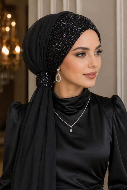 Siyah Payetli Tül Abiye Tokalı Bone