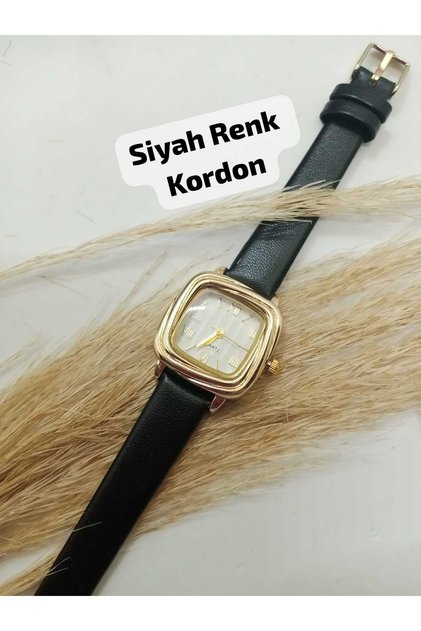 Roman Numeral Black Color Cord Women's Wristwatch Gold Case