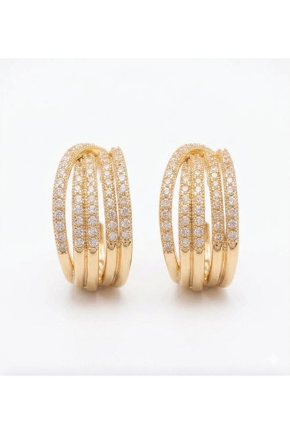 Gold Color Stone Triple Steel Hoop Earrings