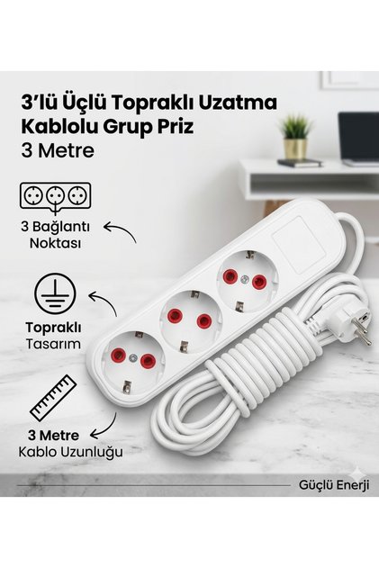 Grup 3'lü Ara Kablo Topraklı Üçlü Priz (3 METRE)