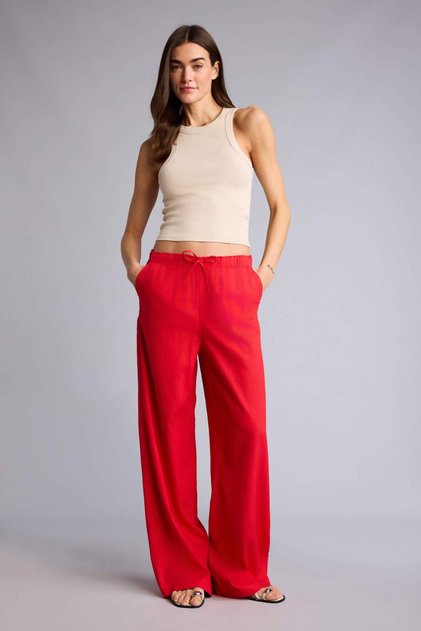 Wide Leg Linen Blend Elastic Waist Pants E1981Ax25Sm