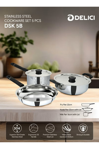 DELICI 5-Piece Stainless Steel Cookware Set, 304 Grade, Fry Pan, Kadai & Milk Pan with Lids - DSK 5B