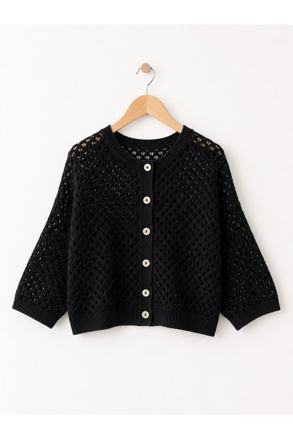 Lou Retro Lace-Like Knit Short Cardigan Women Black