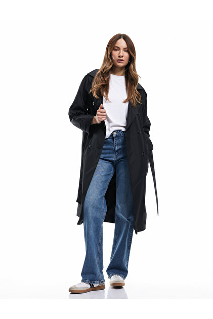 Long Sleeve Belted Double Breasted Long Gabardine Trench Coat with Pockets