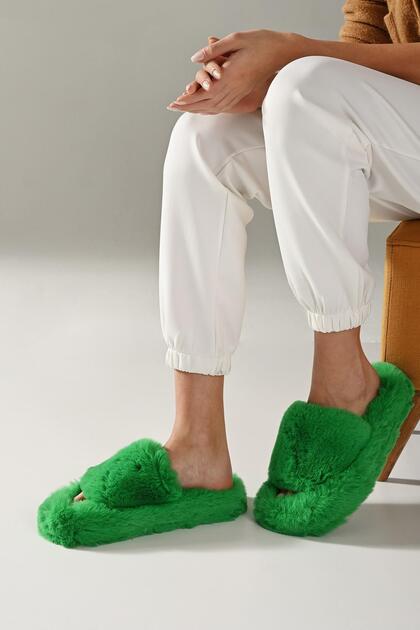 Women's Grass Green Extra Soft Furry House Slippers 3cm Bynd01